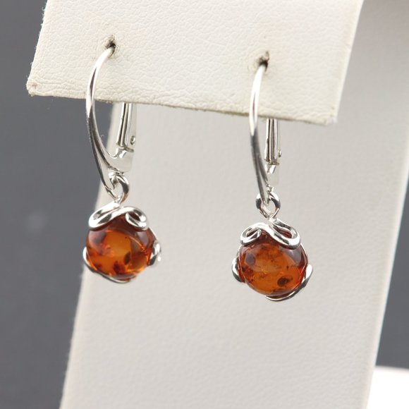 Sterling silver earrings with natural Baltic amber, amber drop earrings - Picture 4 of 14